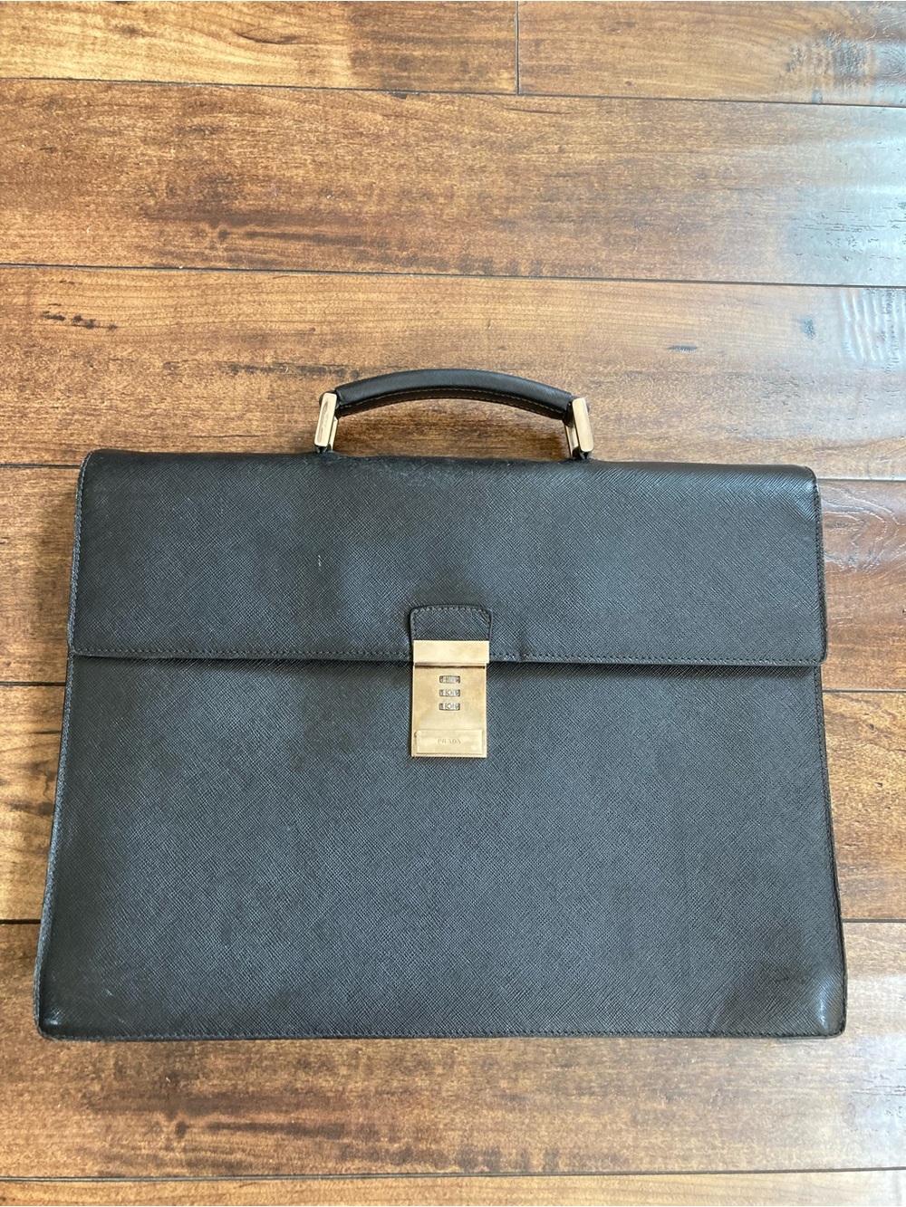 Prada Black Saffiano Briefcase with metal hardware